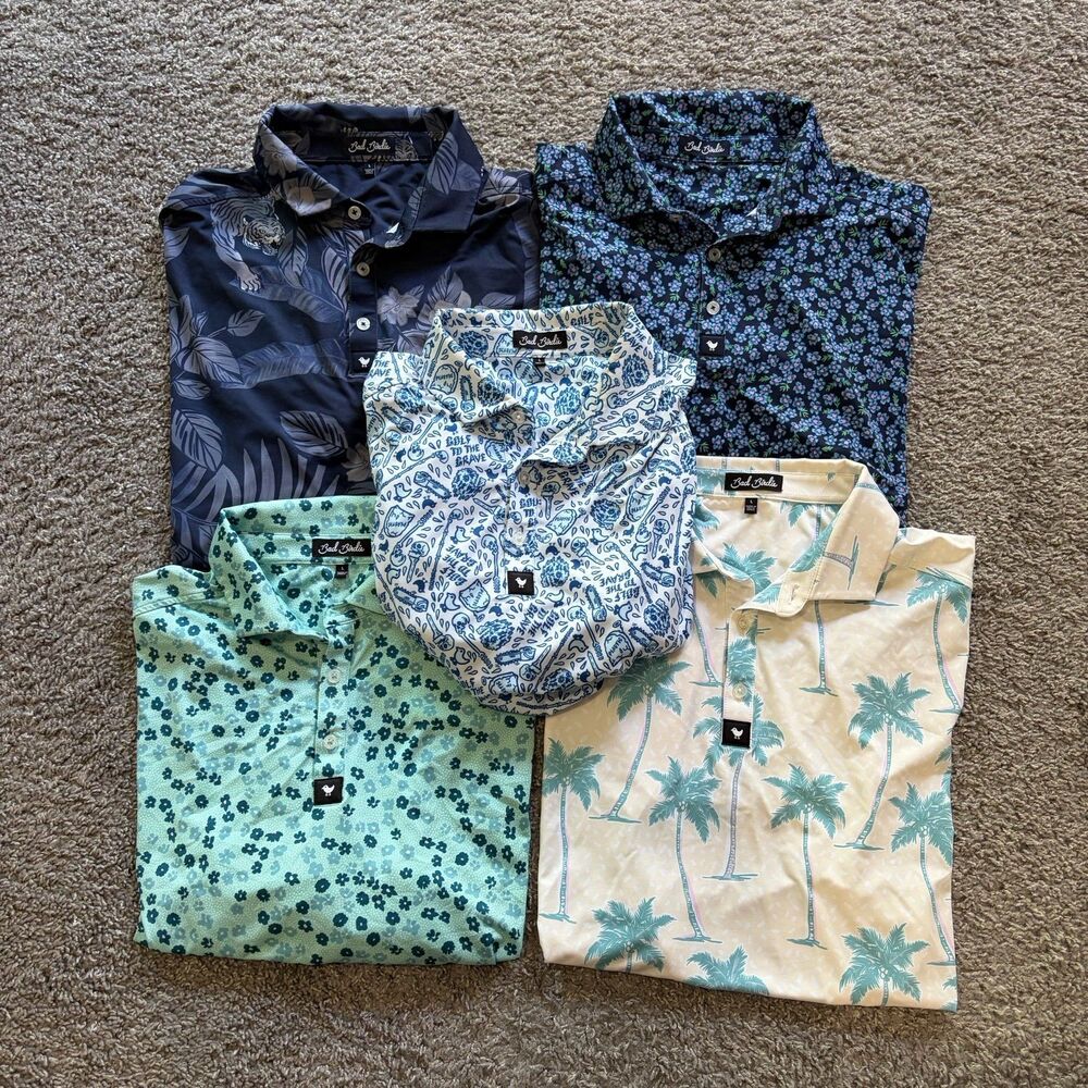 5X Lot Bad Birdie Performance Golf Polo Shirt All Over Print Mens L Floral Palms